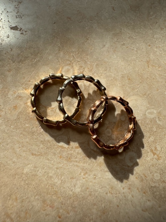 Three Real Gold-Tone Bamboo Stackable Ring Set - Women Jewelry - Picture 3 of 3